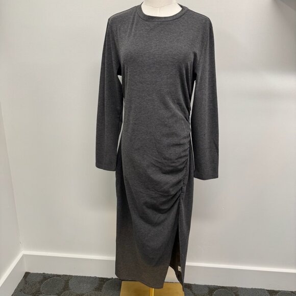 TEMOFON Charcoal Gray Long Sleeve Midi Dress with Side Ruching – Size L - Picture 1 of 10